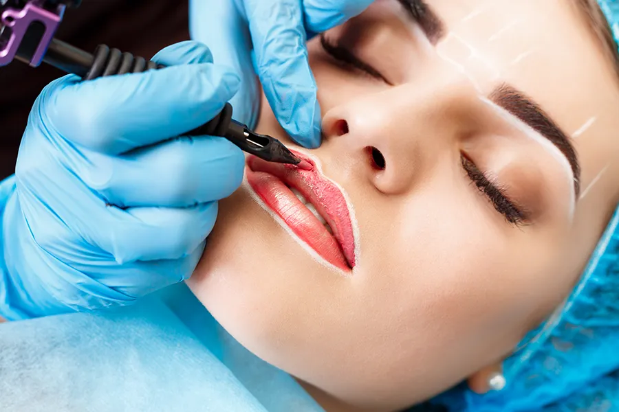 Woman having permanent makeup applied to her lips.