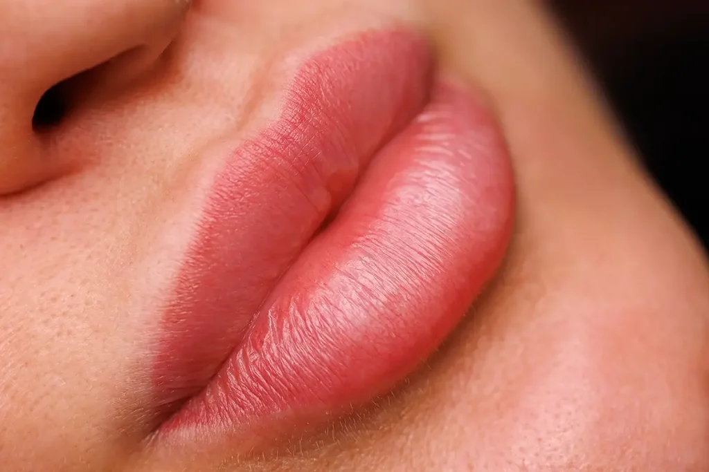 Close up of pink lips that just got tattooed.